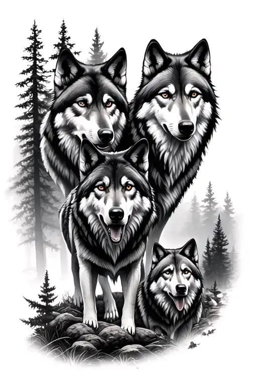 Wolf Pack On Forest Landscape