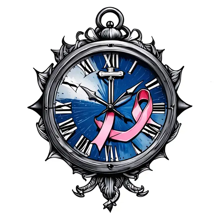 Memory Clock Face Tattoo With Navy Anchor And Cancer Awareness Ribbon