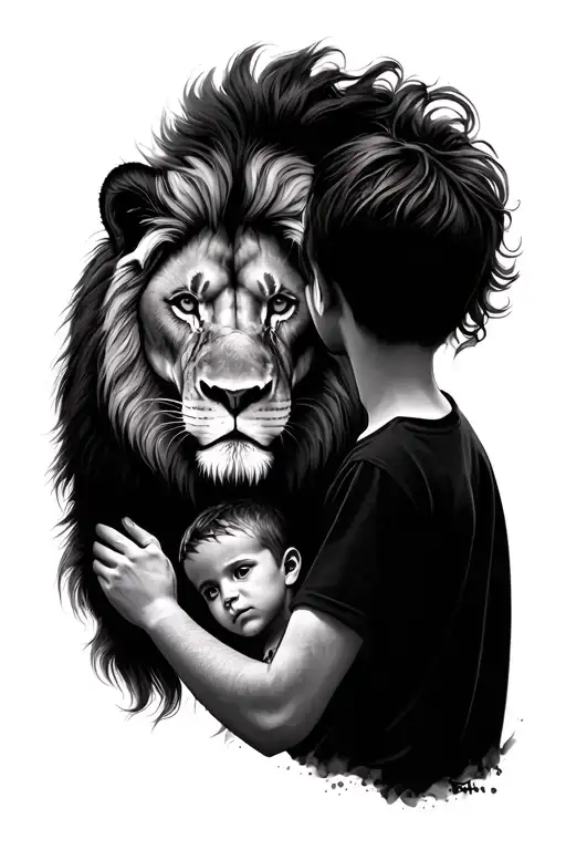 Lion And And Human Kid Looking At Lion On Forearm