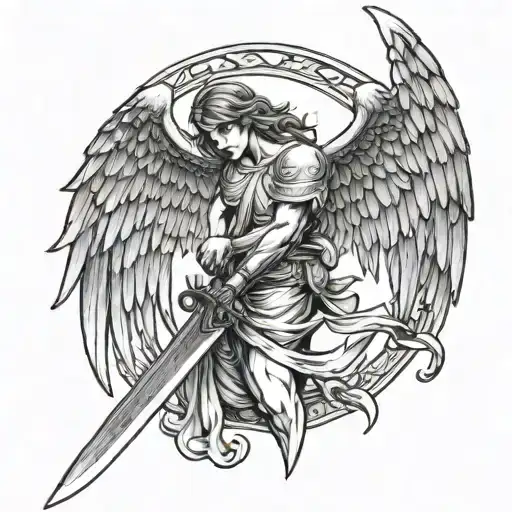 Angel With Sword Facing Down Open Wings Wide Open