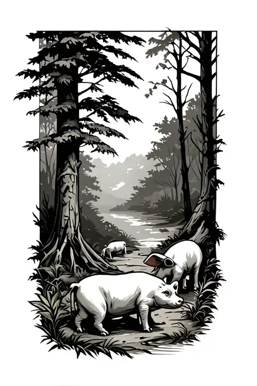Forest Scene With Toad Stalls And A Pig