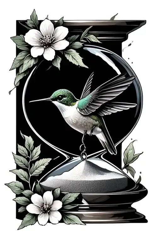 Hummingbird By A Broken Hour Glass With Sand And Flowers