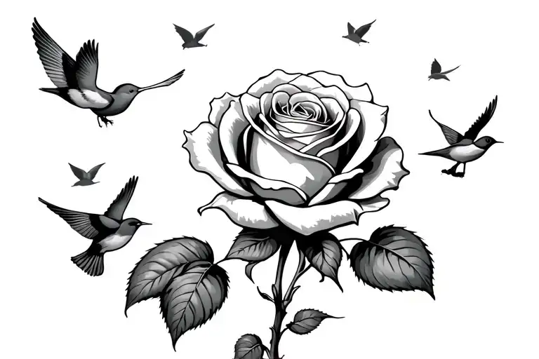 A Rose With Small Birds Flying Around It