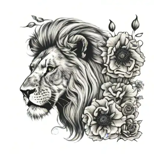 Lion Head With Poppies Blooming