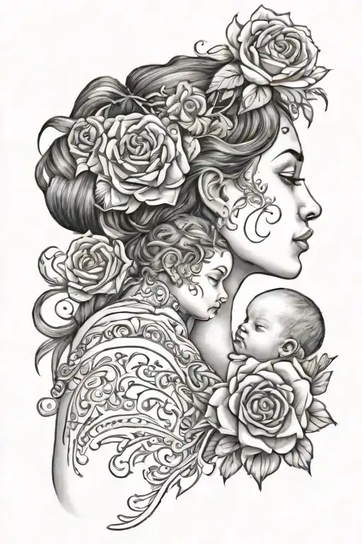 Profile Of Mother And Baby With Flower Border