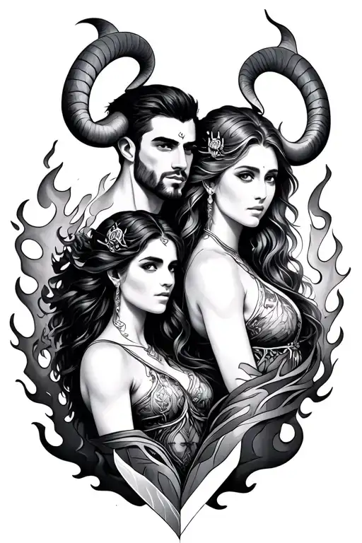 Aries Man And Virgo Woman With Flames Around Blade