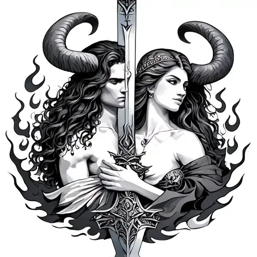 Aries Man And Virgo Woman With Flames Around Blade