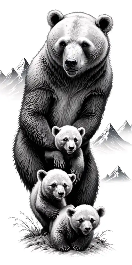 Ghost Bear With 3 Cubs Playing In A Forest With Mountains