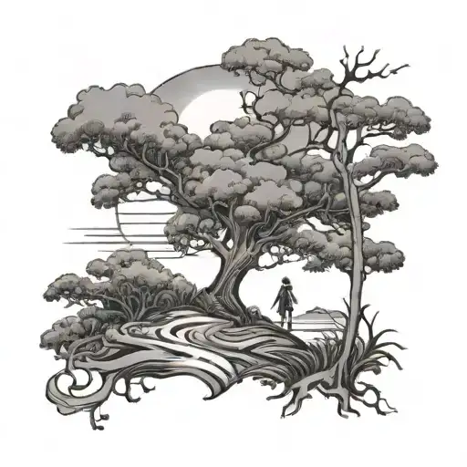 A Wilo Tree With A Sun Rise And A Child Walking