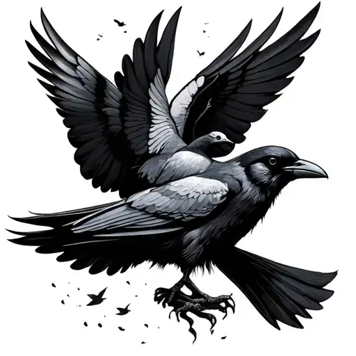 A Crow With A Dove That Fly Away