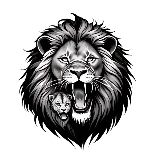 Roaring Lion Protecting Cub Lion
