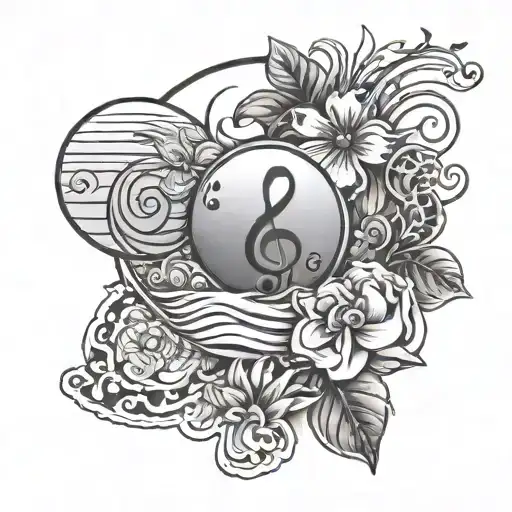 A Conversation Bubble Tattoo With A Beach Background And Flowers Intertwined With Music Notes