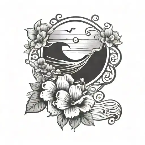 A Conversation Bubble Tattoo With A Beach Background And Flowers Intertwined With Music Notes