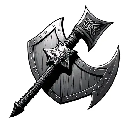 Badass War Axe With Shield In Background Looking Through Lens