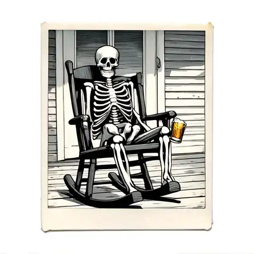 Polaroid Picture With Skeleton Sitting In A Rocking Chair On A Southern Porch Drinking A Beer