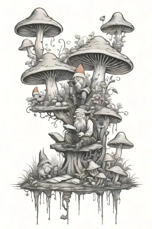 A Mystical Forest Scene With Gnomes Reading Books Near Mushrooms