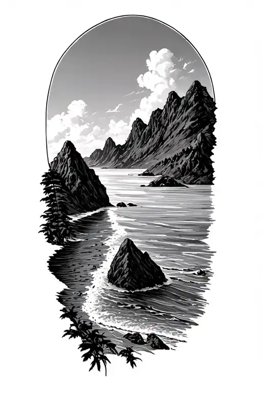 Mountains Top Half And Ocean On Bottom Half With Small Beach