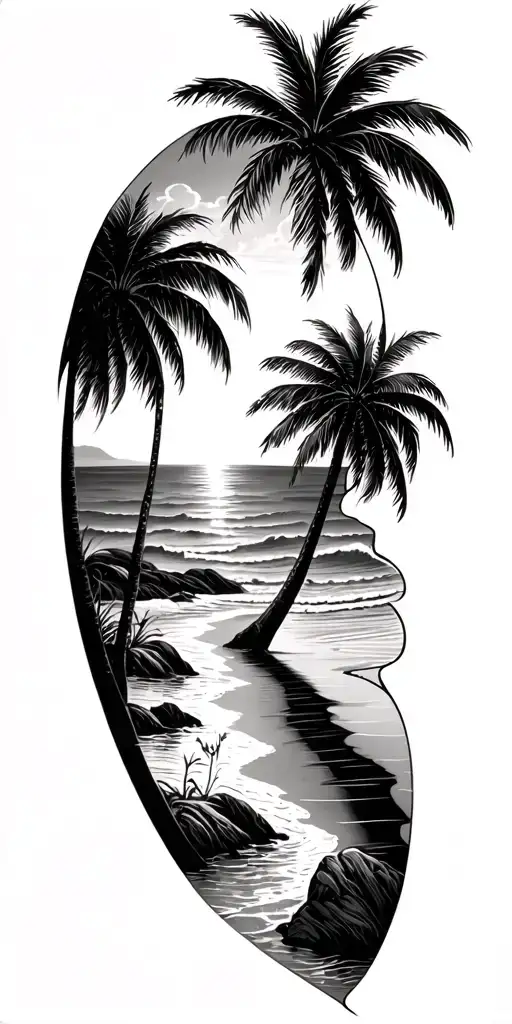 Puerto Rican Motif Tattoo Consisting Beach Scene With Palm Trees