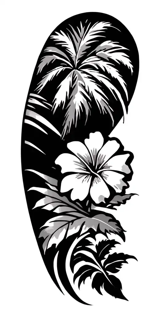 Puerto Rican Motif Tattoo Consisting Tribal Lines Beach Scene With Palm Tree National Flower Coqui