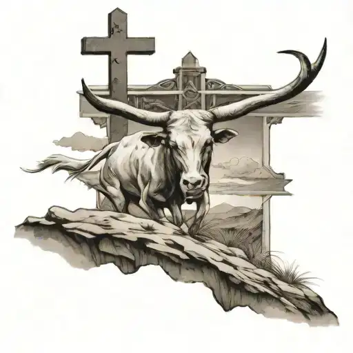 Longhorn Walking Up A Dirt Hill That Has A Jesus Cross On The Top Of It