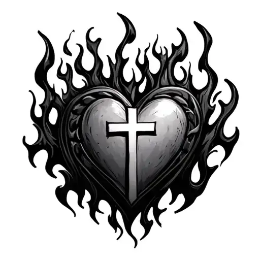 Cross With Heart Made Out Of Little Flames