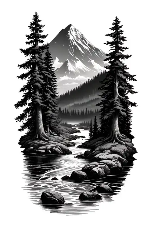 Forest With River Flowing And Mountain In Background