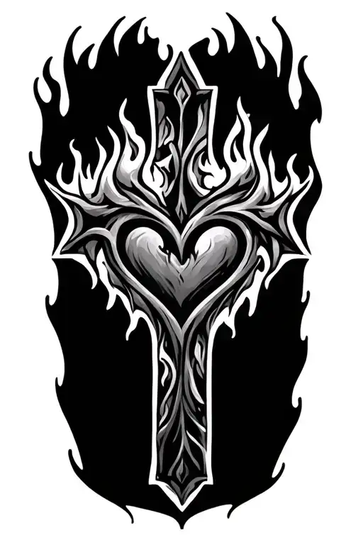 Cross With Heart Made Out Of Little Flames