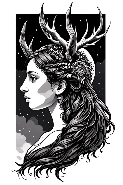 Artemis Goddess Of Hunt And Moon Face Profile Holding