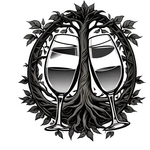 Two Wine Glasses Clinking Behind A Tree Of Life Emblem