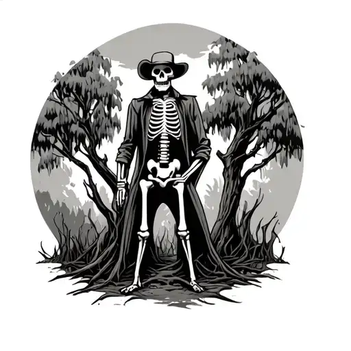 Skeleton In Outlaw Clothes Standing Surrounded By Louisiana Oaks Tree Or Swamp