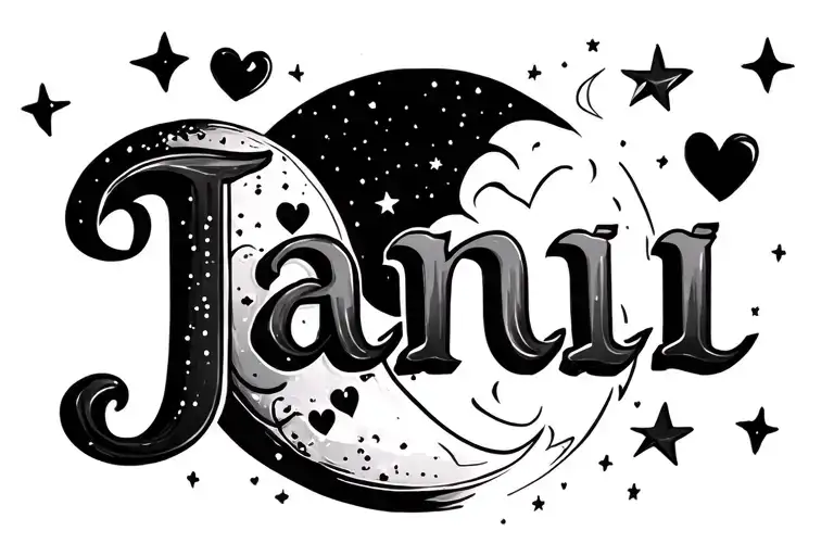 The Name Janii With Hearts And Stars Moon