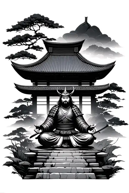 Japanese Temple With Samurai Warrior Meditation Scene