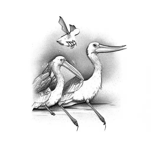 Stork Facing Right Feeding Two Babies In Water With Dragonflies Flying Around