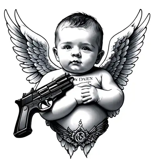Baby Angel With Gun And Wings Saying Lost Angel On Its Arms