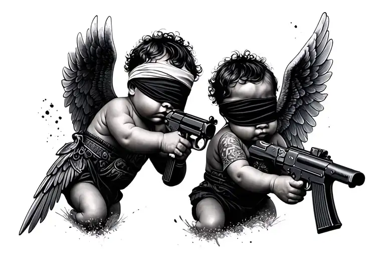2 Baby Angel Shooting A Gun With A Blind Fold On And They Are Black Angels With Aks