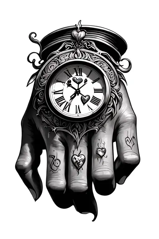 Small Hand Tattoo That Has The Name Demarcus And A Heart Clock