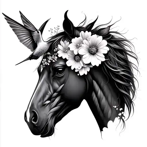 Horse Head Profile With Humming Bird With Flowers