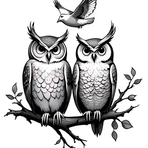 Two Owls On A Branch And A Dove Flying Above