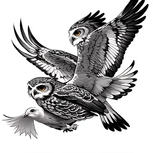 Two Owls Flying And A Dove Flying