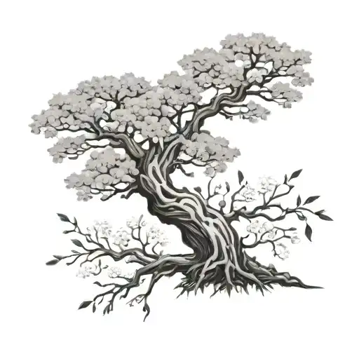 A Big Sycamore Tree And A Small Cherry Blossom Tree Growing Next To Each Other