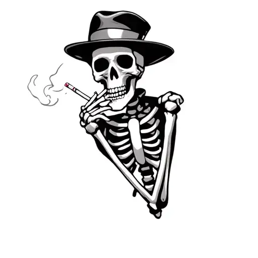 A Skeleton Wearing A Hat And Smoking A Cigarette