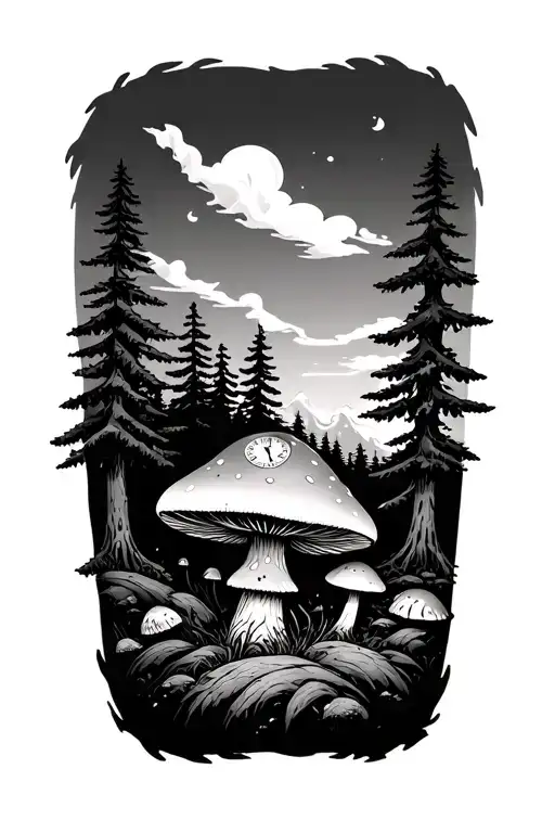 Four Pine Trees And A Mushroom With A Clock Face On The Mushroom