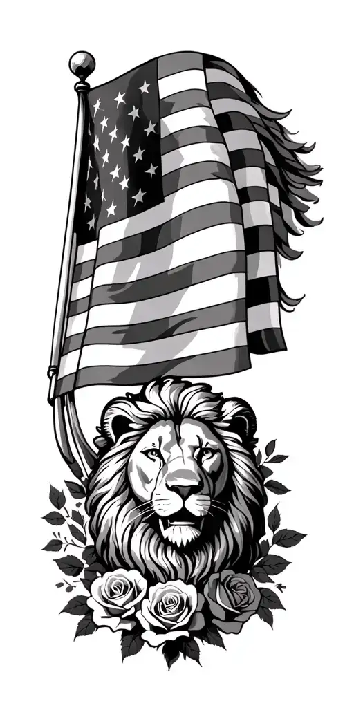 American Flag Waving With A Lion And Roses