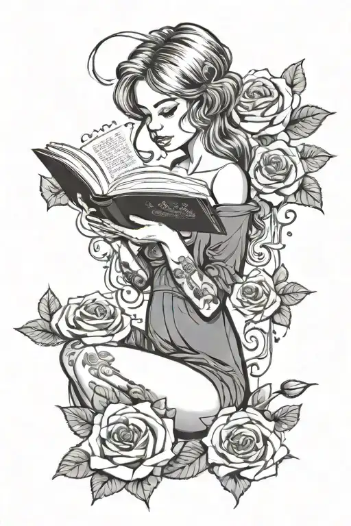 Girl Reading A Book With Roses Around Her