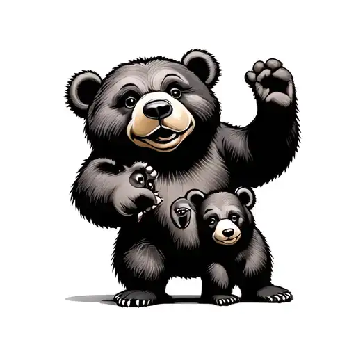 Dancing Bear Standing Proudly With 3 Baby Bears