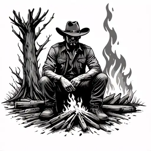 Cowboy Sitting Alone At Fire Resting Line Art