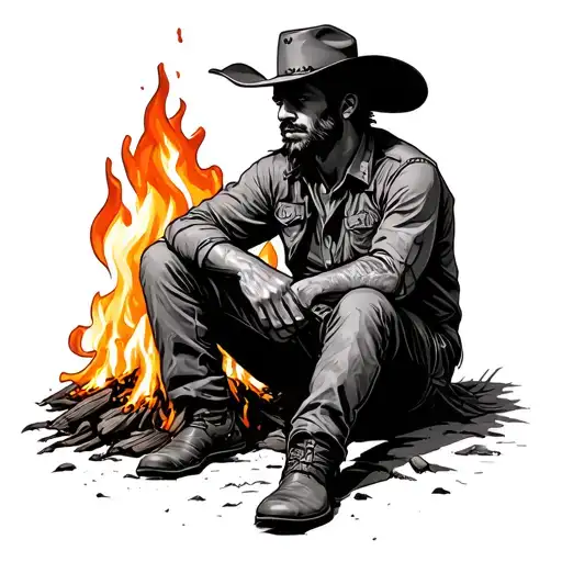 Cowboy Sitting Alone At Fire Resting Line Art Tattoo Isometric Low Detail