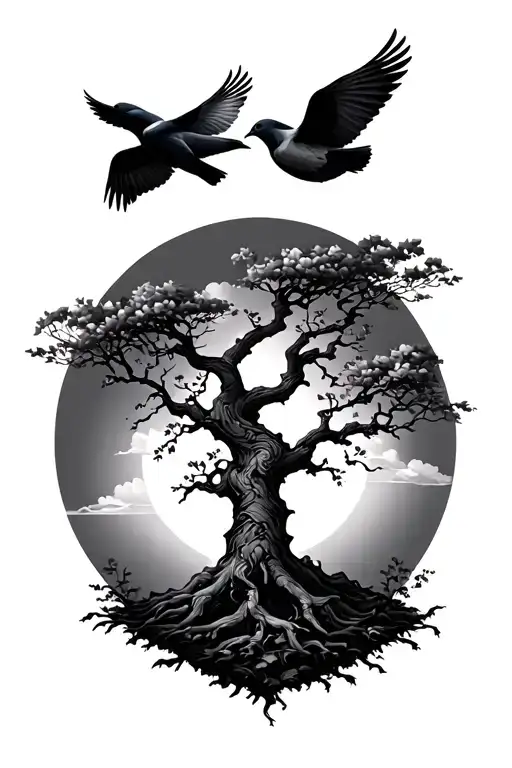 Tree With Shading And Doves Flying