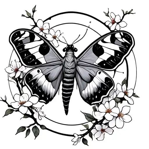 Luna Moth Surrounded By Cherry Blossoms And Lunar Cycle