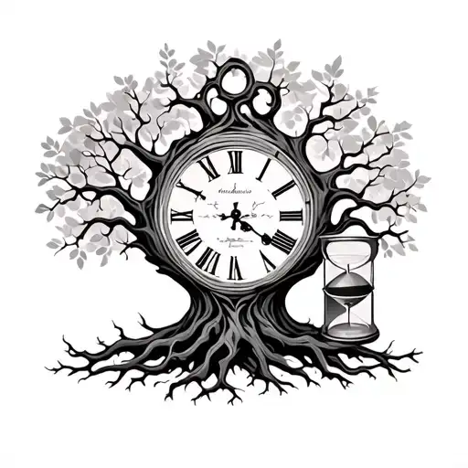Clock And Hourglass In A Tree Of Life With Roots